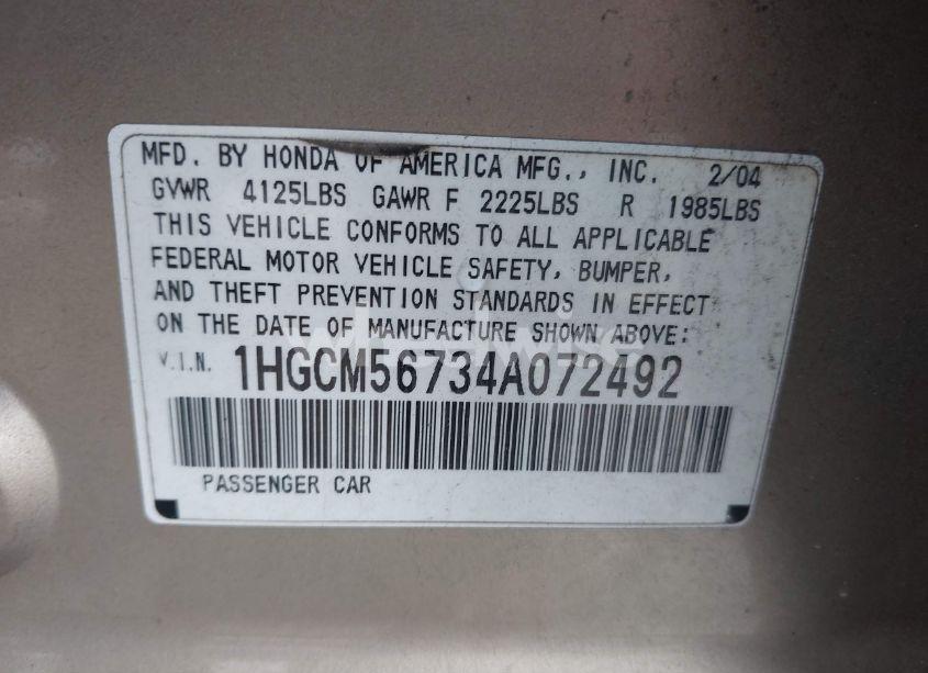 Photo 9 of 2004 Honda Accord 2.4 EX (VIN 1HGCM56734A072492)