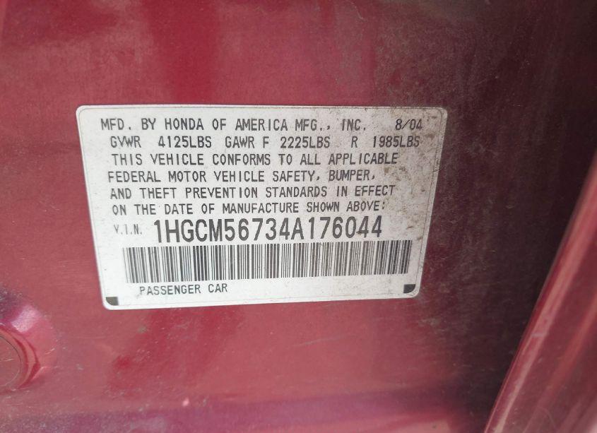 Photo 9 of 2004 Honda Accord 2.4 EX (VIN 1HGCM56734A176044)