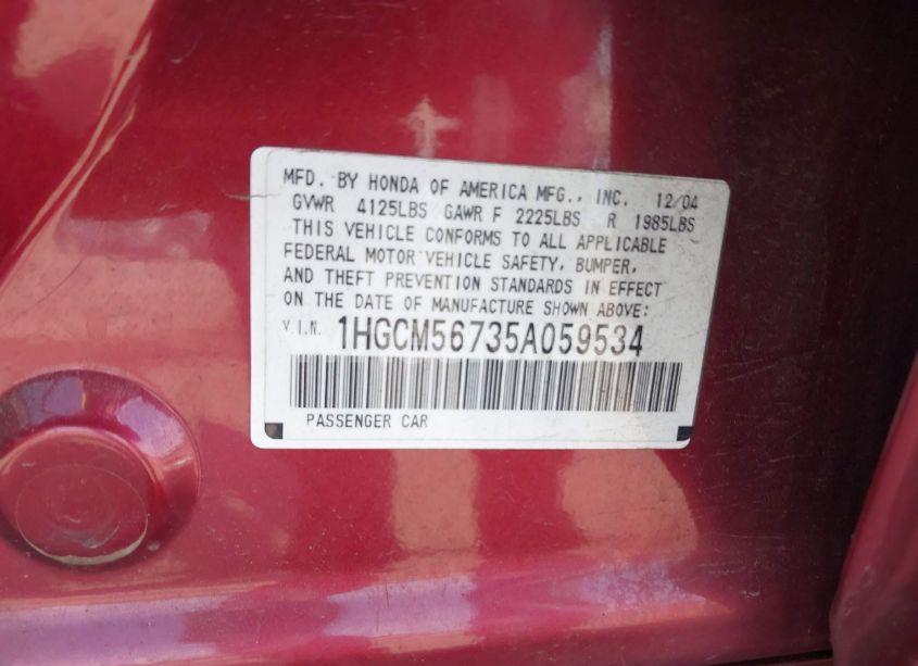 Photo 9 of 2005 Honda Accord 2.4 EX (VIN 1HGCM56735A059534)