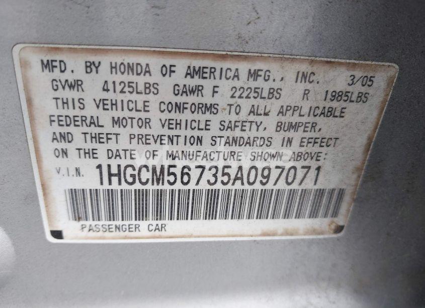 Photo 9 of 2005 Honda Accord 2.4 EX (VIN 1HGCM56735A097071)