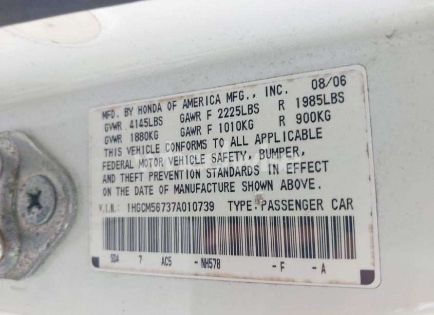 Photo 9 of 2007 Honda Accord 2.4 EX (VIN 1HGCM56737A010739)
