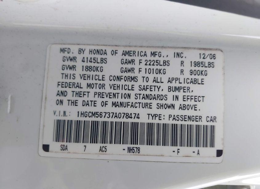 Photo 9 of 2007 Honda Accord 2.4 EX (VIN 1HGCM56737A078474)