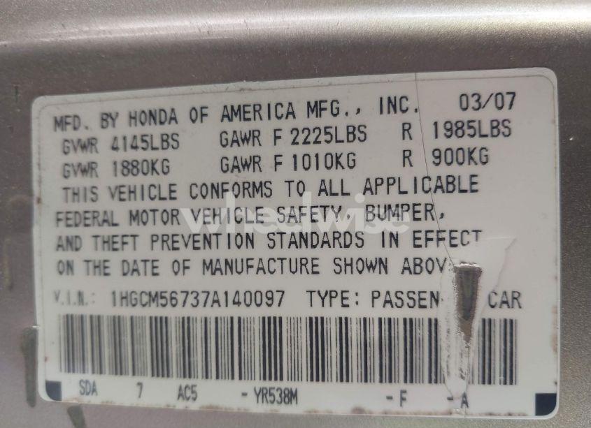 Photo 9 of 2007 Honda Accord 2.4 EX (VIN 1HGCM56737A140097)