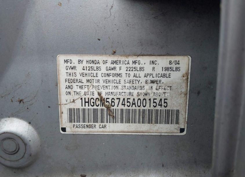 Photo 9 of 2005 Honda Accord 2.4 EX (VIN 1HGCM56745A001545)