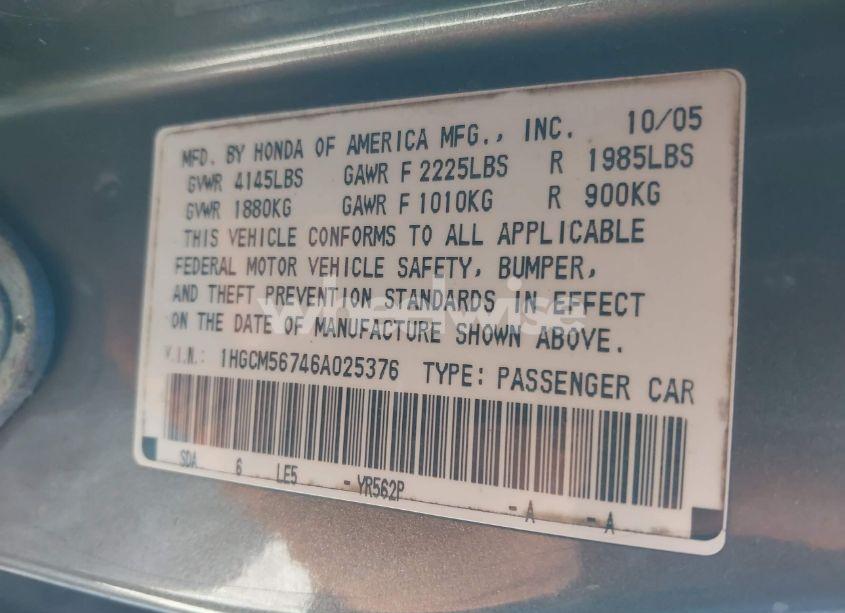 Photo 9 of 2006 Honda Accord 2.4 EX (VIN 1HGCM56746A025376)