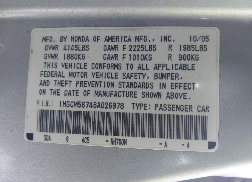 Photo 9 of 2006 Honda Accord 2.4 EX (VIN 1HGCM56746A026978)
