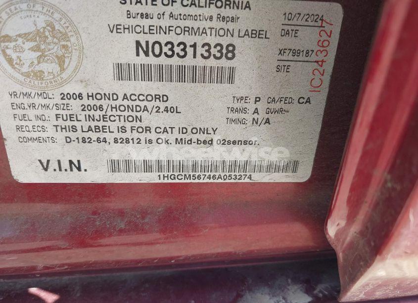 Photo 9 of 2006 Honda Accord 2.4 EX (VIN 1HGCM56746A053274)