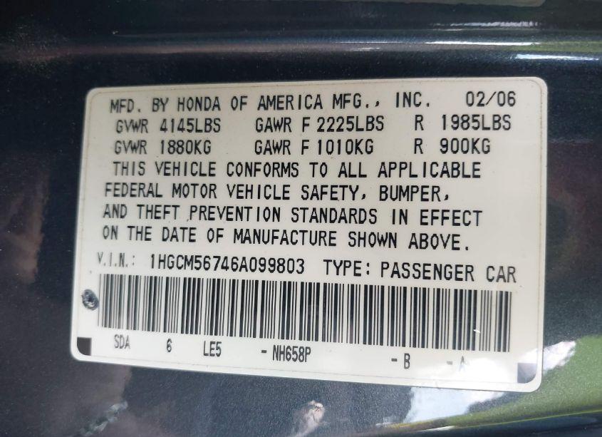 Photo 9 of 2006 Honda Accord 2.4 EX (VIN 1HGCM56746A099803)