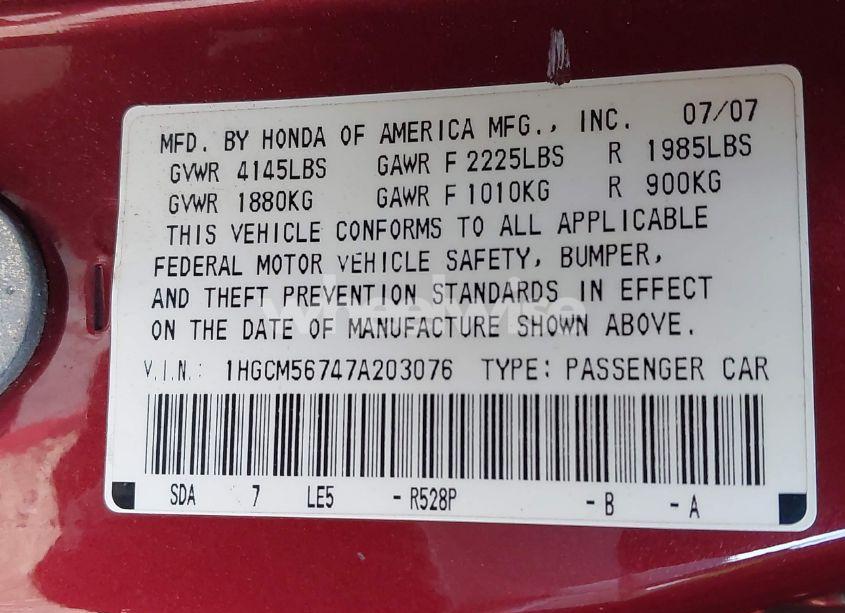 Photo 9 of 2007 Honda Accord 2.4 EX (VIN 1HGCM56747A203076)