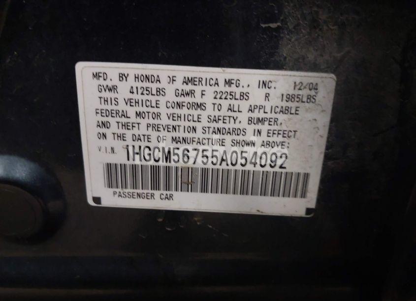 Photo 9 of 2005 Honda Accord 2.4 EX (VIN 1HGCM56755A054092)