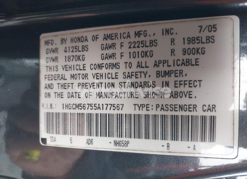 Photo 9 of 2005 Honda Accord 2.4 EX (VIN 1HGCM56755A177567)