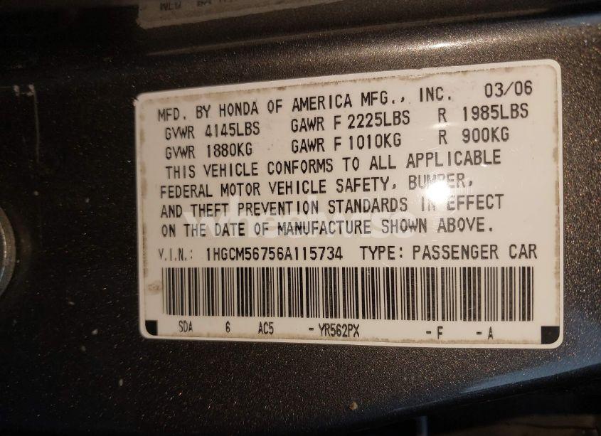 Photo 9 of 2006 Honda Accord 2.4 EX (VIN 1HGCM56756A115734)