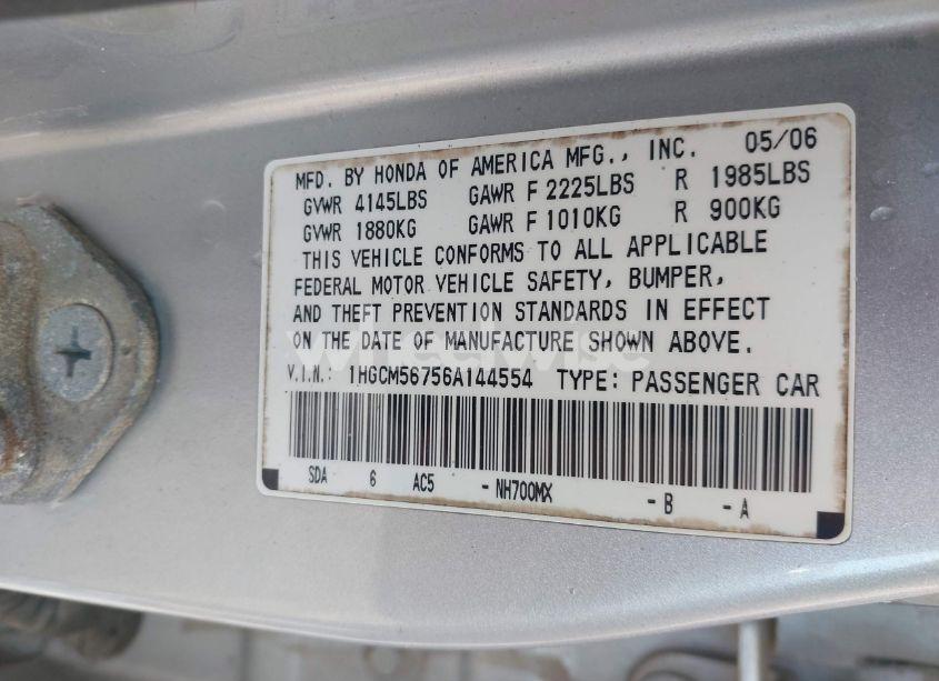 Photo 9 of 2006 Honda Accord 2.4 EX (VIN 1HGCM56756A144554)
