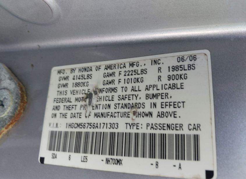 Photo 9 of 2006 Honda Accord 2.4 EX (VIN 1HGCM56756A171303)