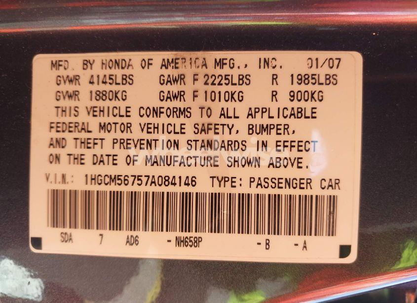 Photo 9 of 2007 Honda Accord 2.4 EX (VIN 1HGCM56757A084146)