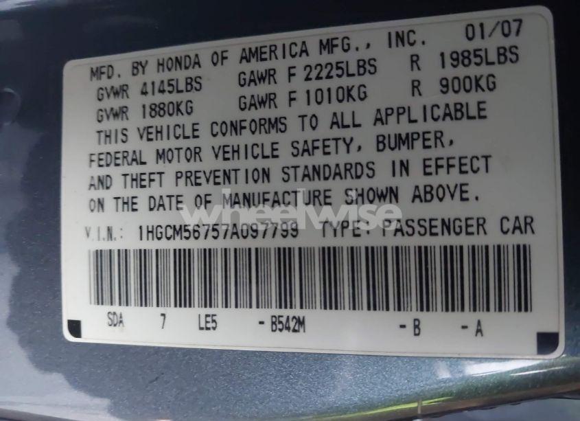 Photo 9 of 2007 Honda Accord 2.4 EX (VIN 1HGCM56757A097799)
