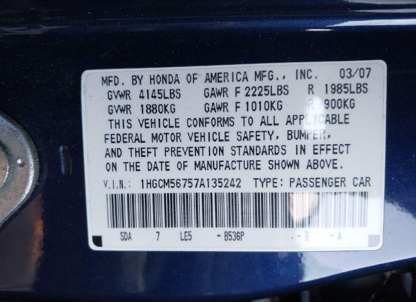 Photo 9 of 2007 Honda Accord 2.4 EX (VIN 1HGCM56757A135242)