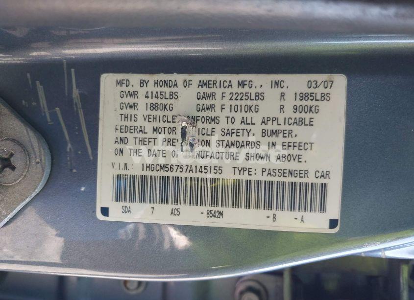 Photo 9 of 2007 Honda Accord 2.4 EX (VIN 1HGCM56757A145155)