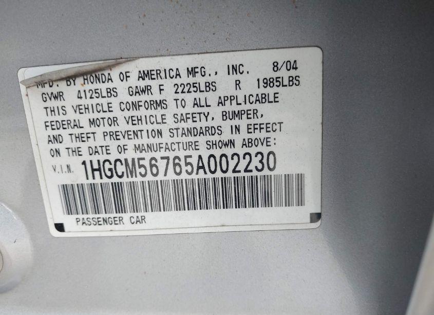 Photo 9 of 2005 Honda Accord 2.4 EX (VIN 1HGCM56765A002230)