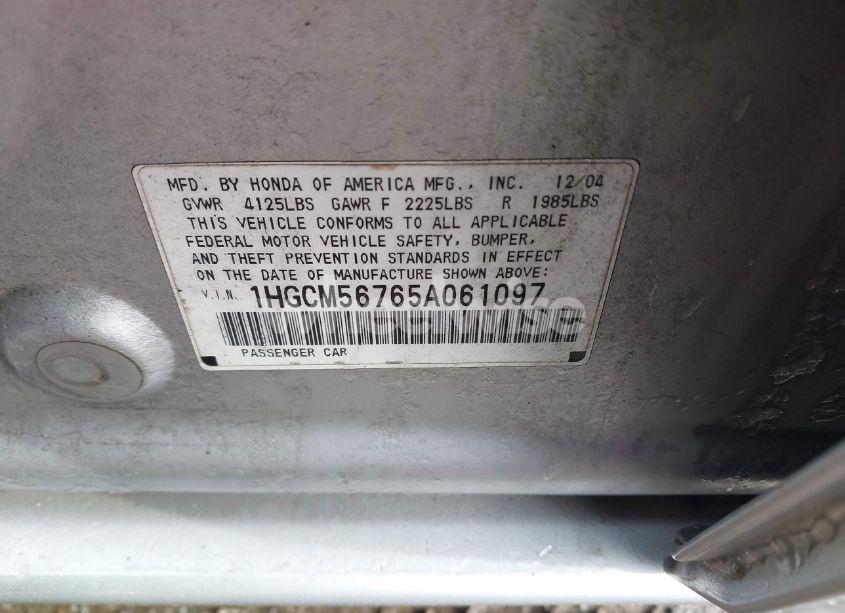 Photo 9 of 2005 Honda Accord 2.4 EX (VIN 1HGCM56765A061097)