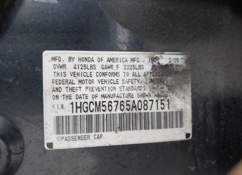 Photo 9 of 2005 Honda Accord EX (VIN 1HGCM56765A087151)