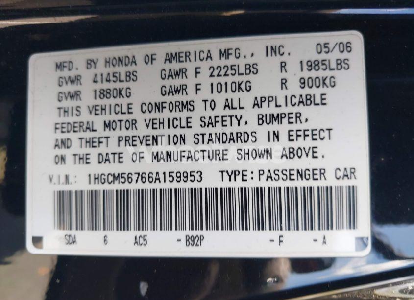 Photo 9 of 2006 Honda Accord 2.4 EX (VIN 1HGCM56766A159953)
