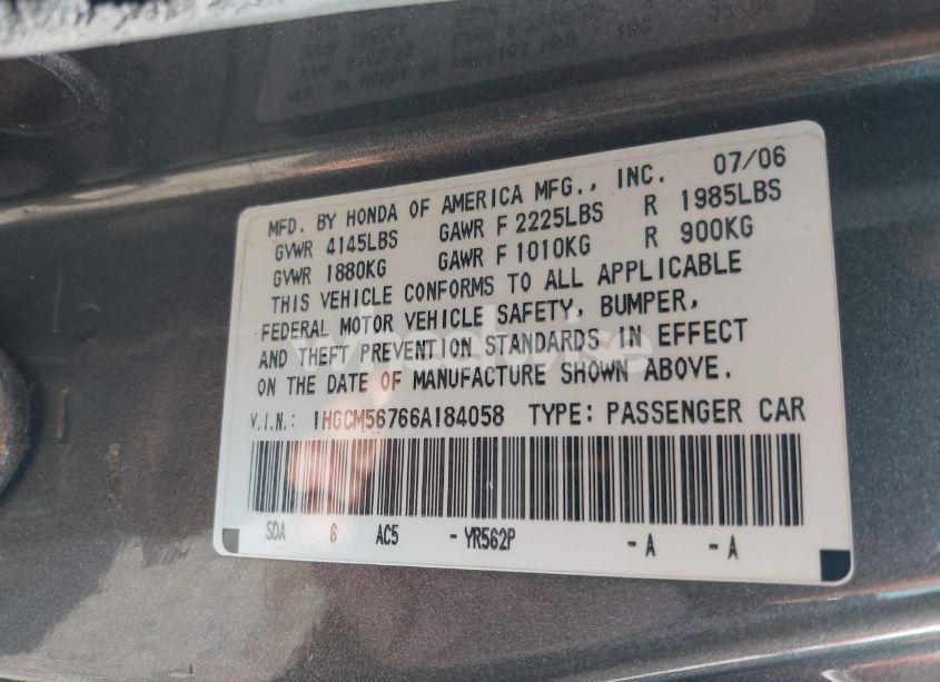 Photo 9 of 2006 Honda Accord 2.4 EX (VIN 1HGCM56766A184058)