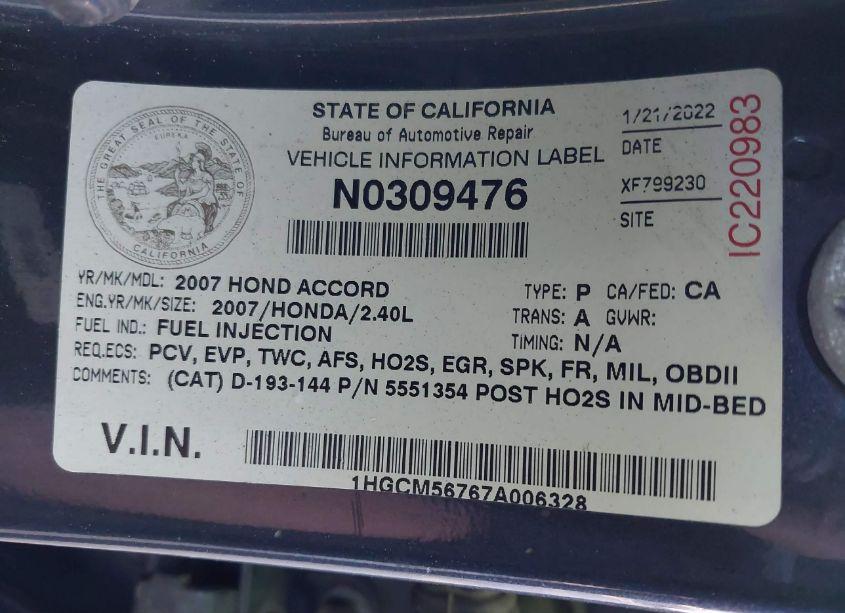 Photo 8 of 2007 Honda Accord 2.4 EX (VIN 1HGCM56767A006328)