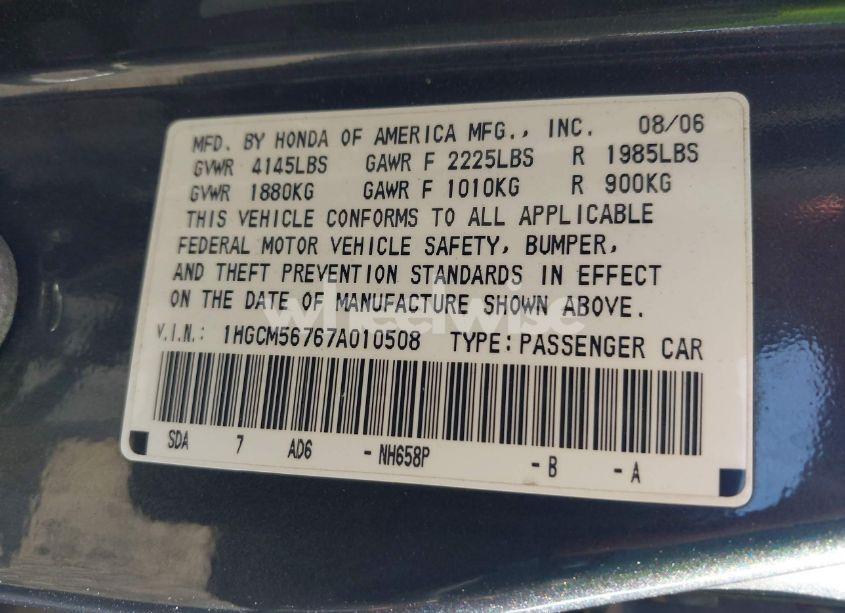 Photo 9 of 2007 Honda Accord 2.4 EX (VIN 1HGCM56767A010508)