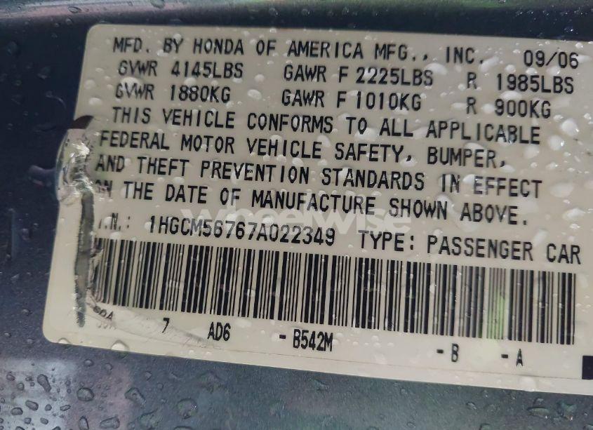 Photo 9 of 2007 Honda Accord 2.4 EX (VIN 1HGCM56767A022349)