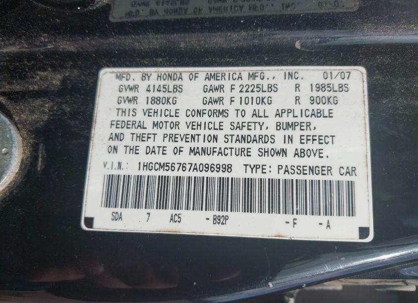 Photo 9 of 2007 Honda Accord 2.4 EX (VIN 1HGCM56767A096998)