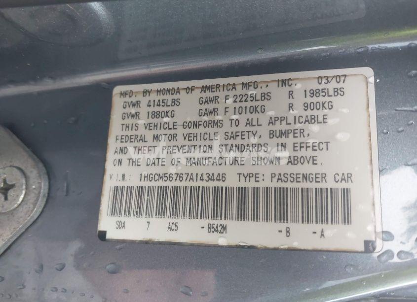 Photo 9 of 2007 Honda Accord 2.4 EX (VIN 1HGCM56767A143446)