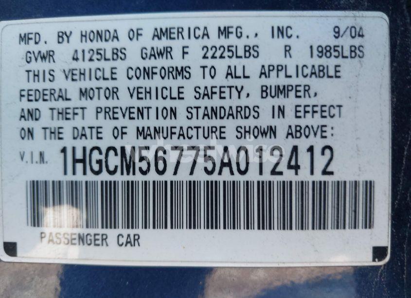 Photo 9 of 2005 Honda Accord 2.4 EX (VIN 1HGCM56775A012412)
