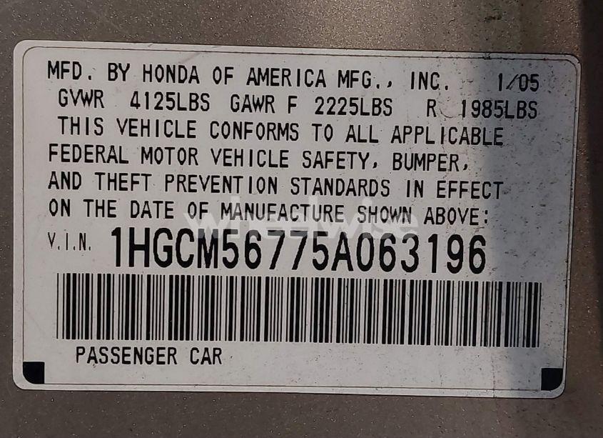 Photo 9 of 2005 Honda Accord 2.4 EX (VIN 1HGCM56775A063196)