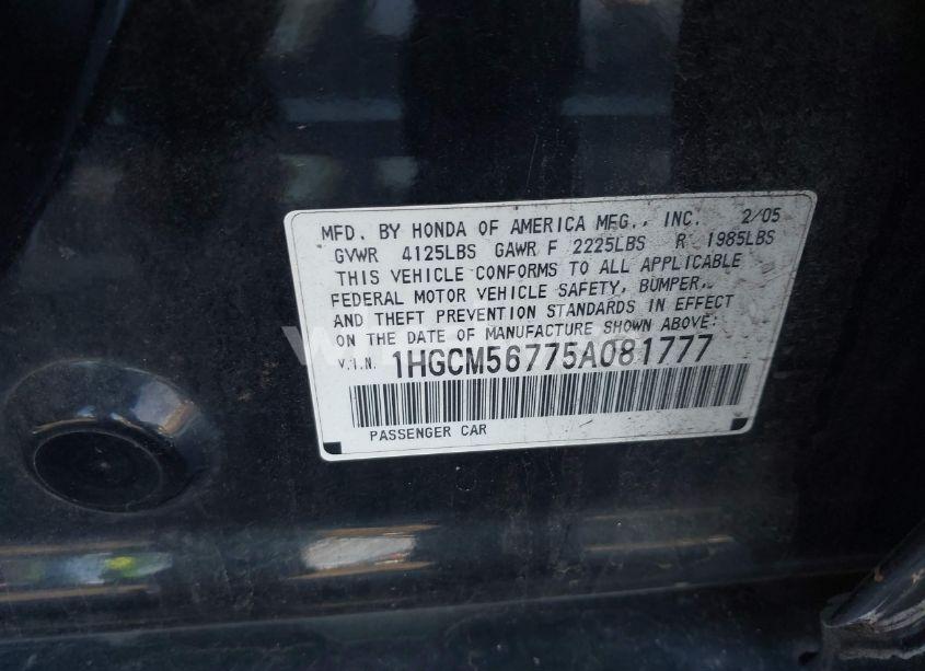 Photo 9 of 2005 Honda Accord 2.4 EX (VIN 1HGCM56775A081777)