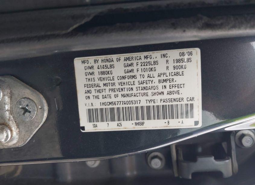 Photo 9 of 2007 Honda Accord 2.4 EX (VIN 1HGCM56777A005317)