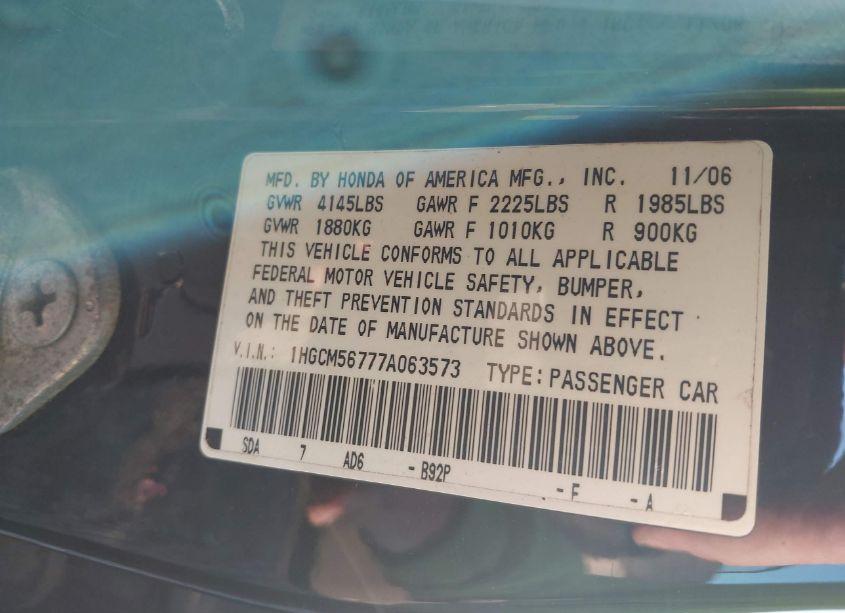 Photo 9 of 2007 Honda Accord 2.4 EX (VIN 1HGCM56777A063573)