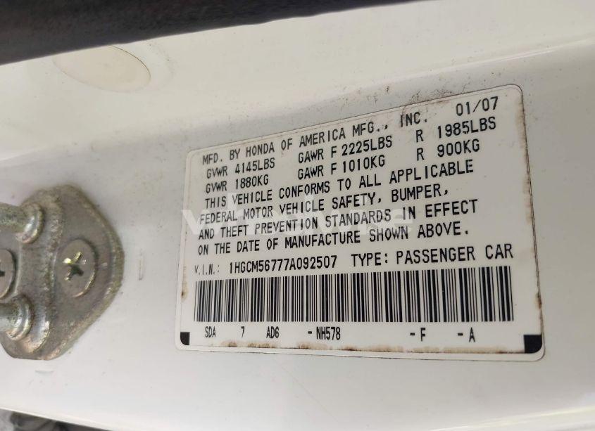 Photo 9 of 2007 Honda Accord 2.4 EX (VIN 1HGCM56777A092507)