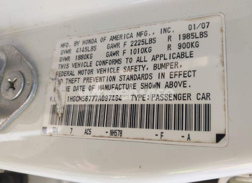 Photo 9 of 2007 Honda Accord 2.4 EX (VIN 1HGCM56777A097464)