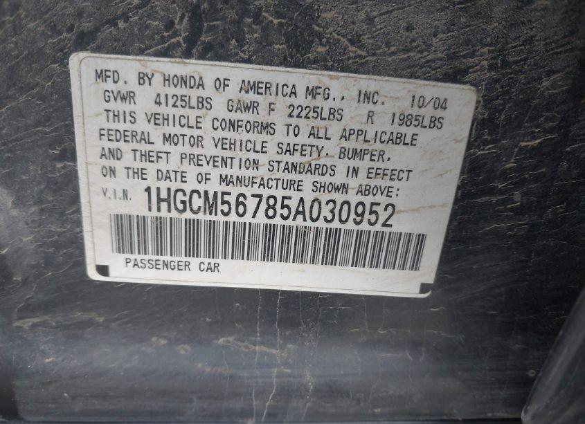 Photo 9 of 2005 Honda Accord 2.4 EX (VIN 1HGCM56785A030952)