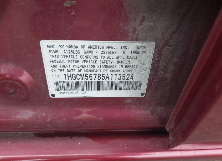 Photo 9 of 2005 Honda Accord 2.4 EX (VIN 1HGCM56785A113524)