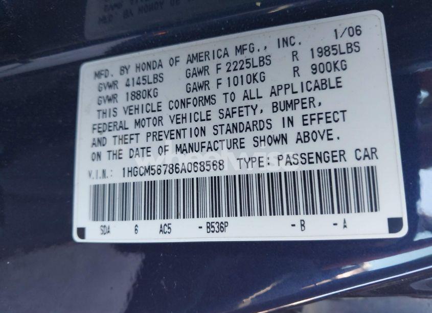 Photo 9 of 2006 Honda Accord 2.4 EX (VIN 1HGCM56786A068568)