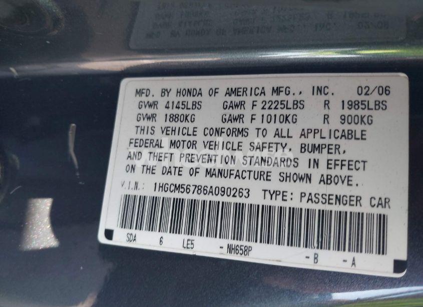 Photo 9 of 2006 Honda Accord 2.4 EX (VIN 1HGCM56786A090263)