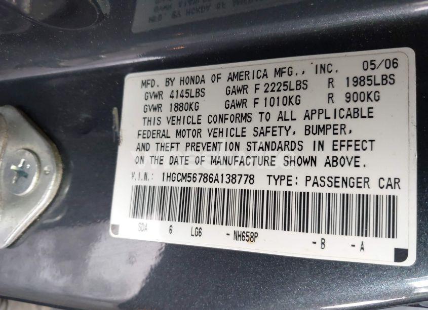 Photo 9 of 2006 Honda Accord 2.4 EX (VIN 1HGCM56786A138778)