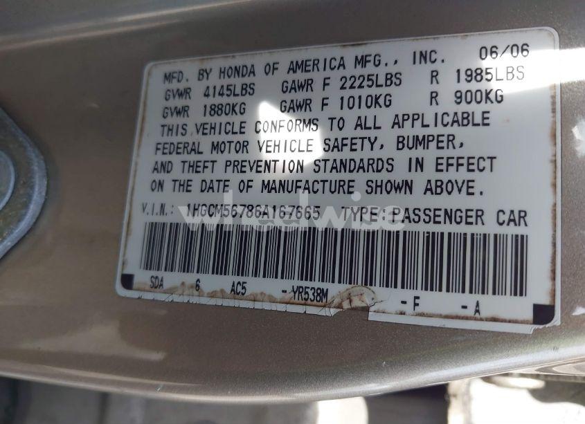 Photo 9 of 2006 Honda Accord 2.4 EX (VIN 1HGCM56786A167665)
