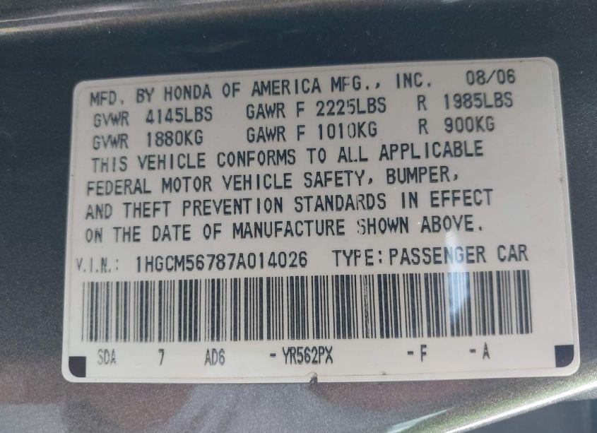 Photo 9 of 2007 Honda Accord 2.4 EX (VIN 1HGCM56787A014026)