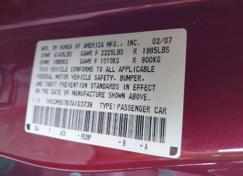Photo 9 of 2007 Honda Accord 2.4 EX (VIN 1HGCM56787A103739)