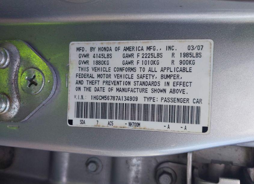 Photo 9 of 2007 Honda Accord 2.4 EX (VIN 1HGCM56787A134909)