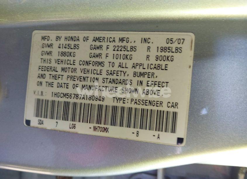 Photo 9 of 2007 Honda Accord 2.4 EX (VIN 1HGCM56787A180949)