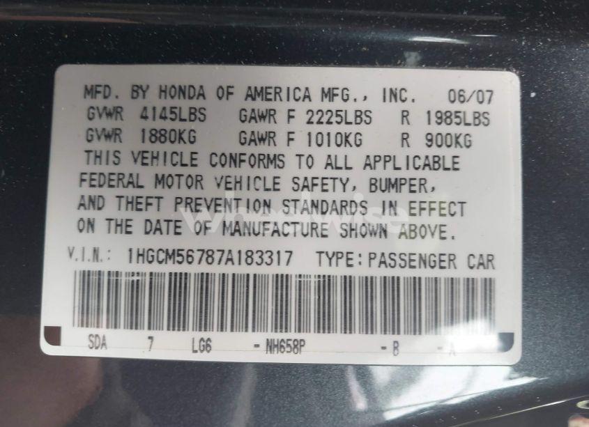 Photo 9 of 2007 Honda Accord 2.4 EX (VIN 1HGCM56787A183317)